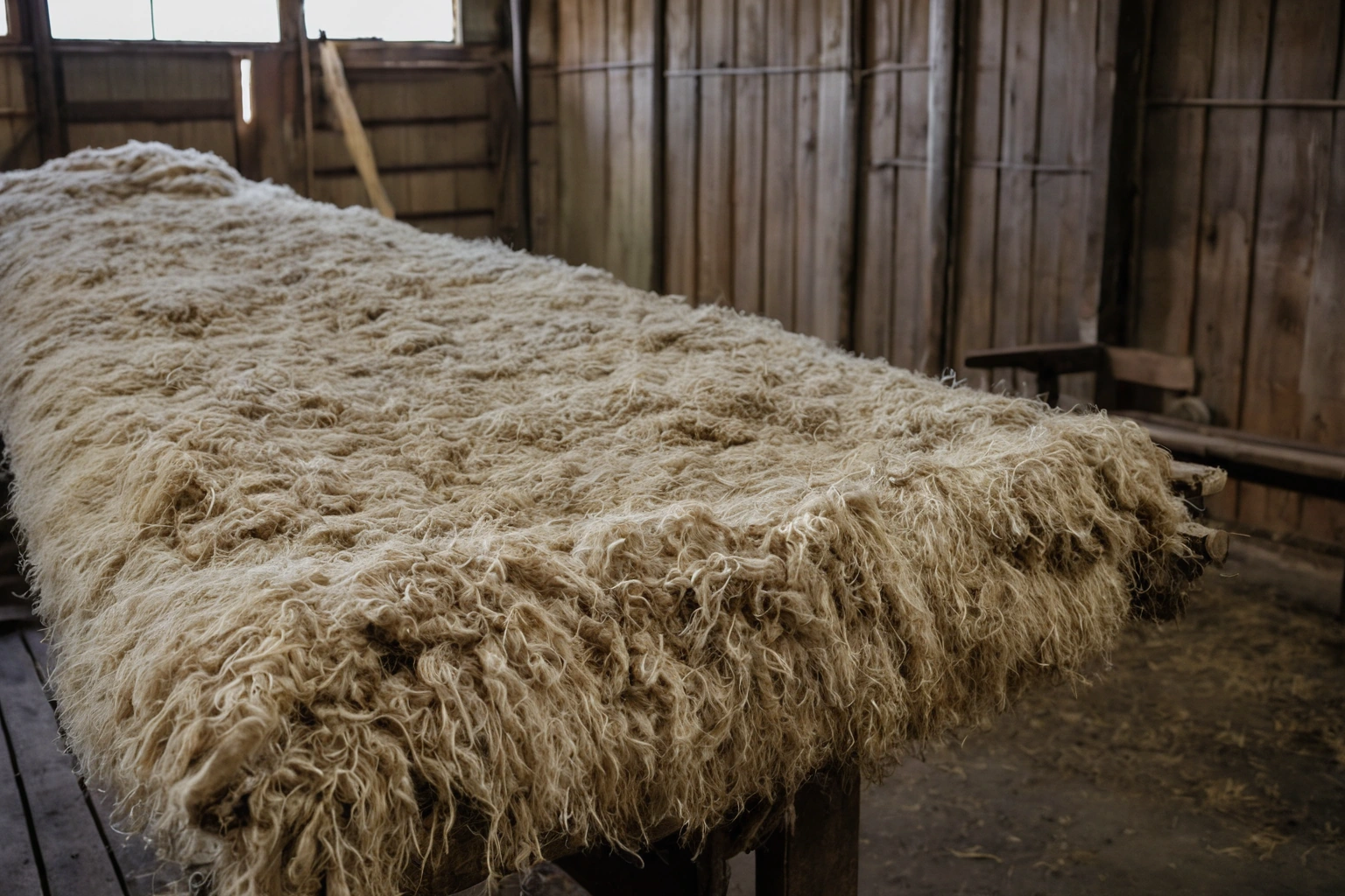 Greasy wool fleece with a lanolin sheen spread on a slatted timber table beside a pressed wool bale