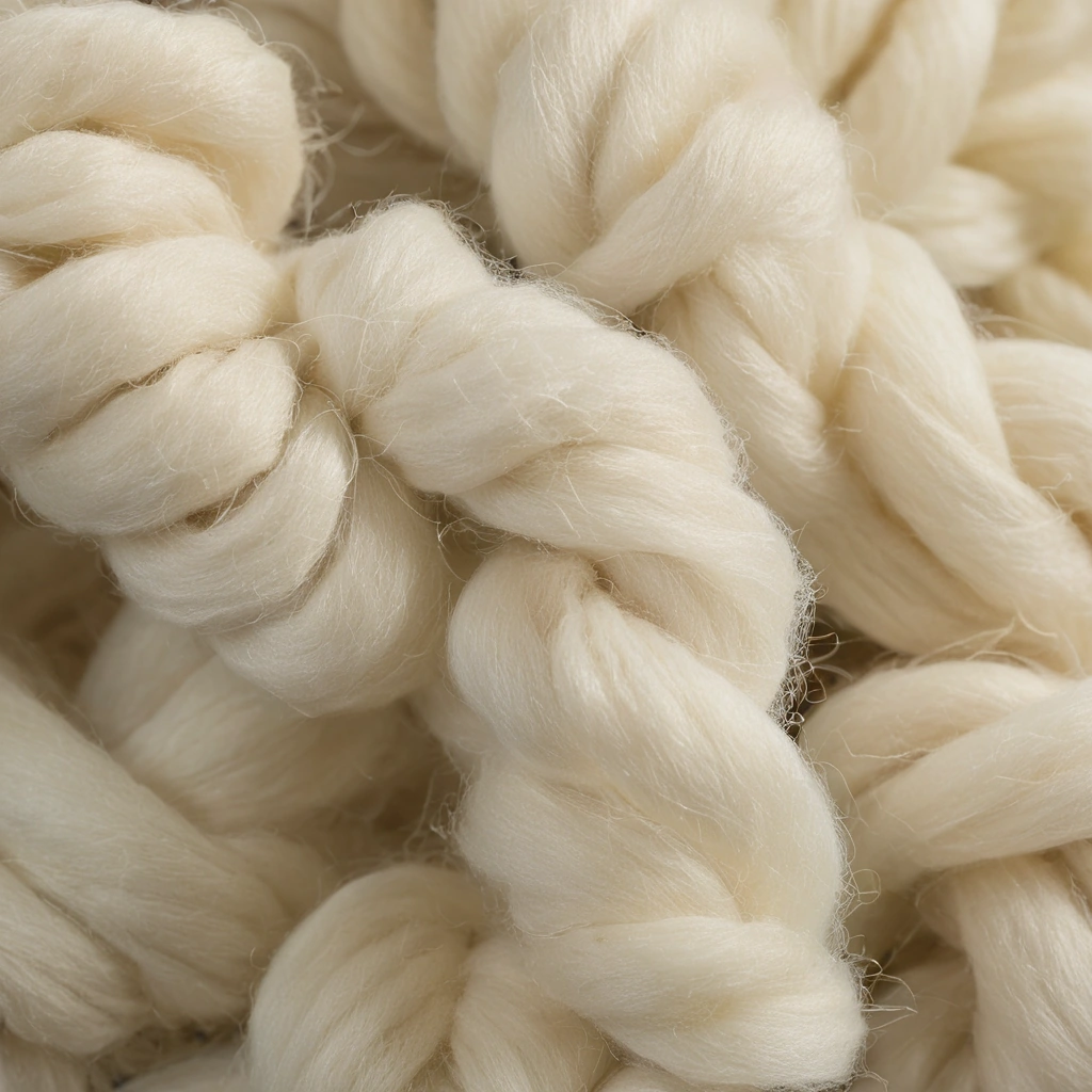 Macro photograph of scoured wool fibre, washed and combed parallel, with crimped individual fibres