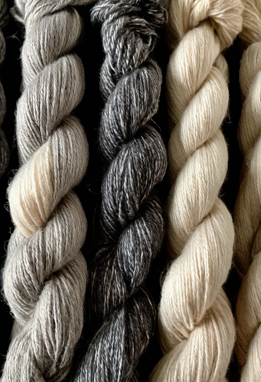 Tall cones of undyed wool yarn in rows on a steel rack with loose hanks of spun wool
