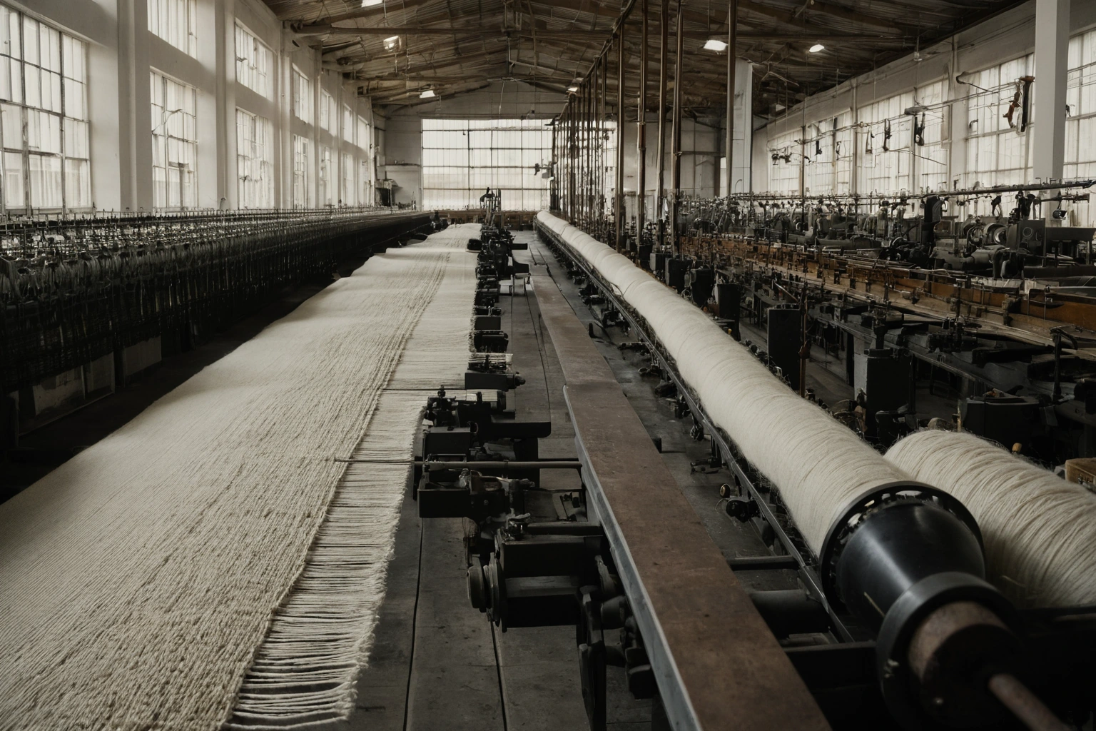 A wool spinning frame full of yarn packages and a wide weaving loom carrying partly woven wool carpet