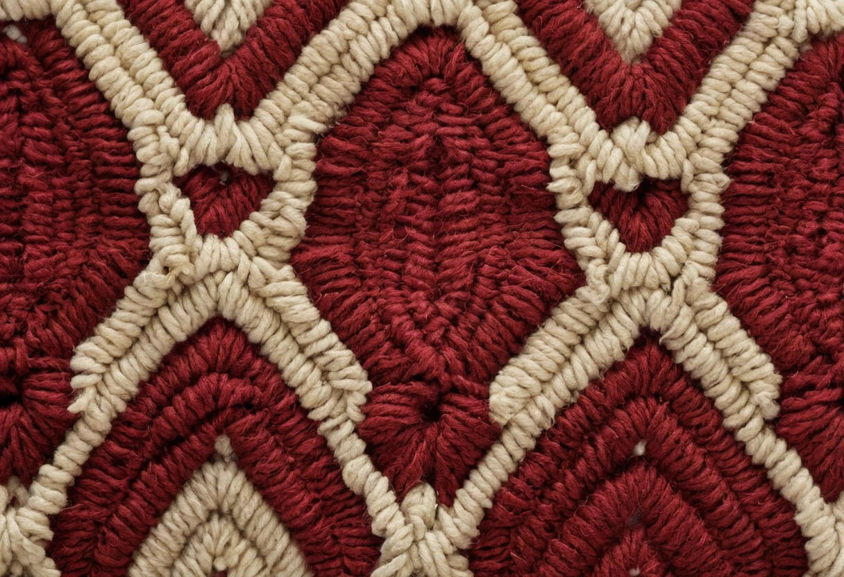 Close-up of the cut wool pile of a hand-knotted rug with warp and weft visible at the turned edge