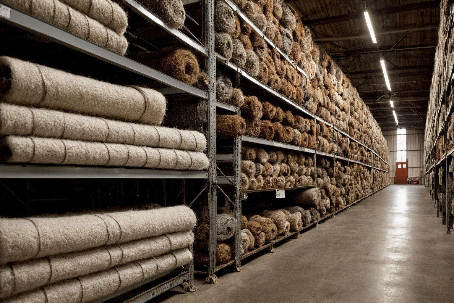 A warehouse aisle of rolled wool rugs stored upright in steel racking